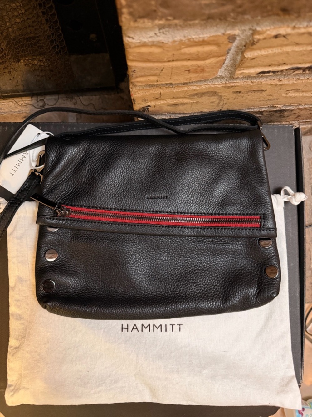 Hammitt Black Leather Messenger with Red Front Zip